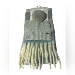 Steve Madden Gray and Cream Scarf and Hat Set